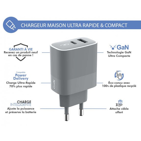 Chargeur 2 Ports USB-A et USB-C - 45W